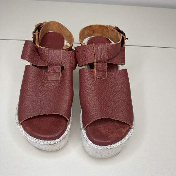 Anthro Gee Wawa Eggplant Leather White Platform Open Toe Ankle Strap Sandals 8 - Picture 10 of 10